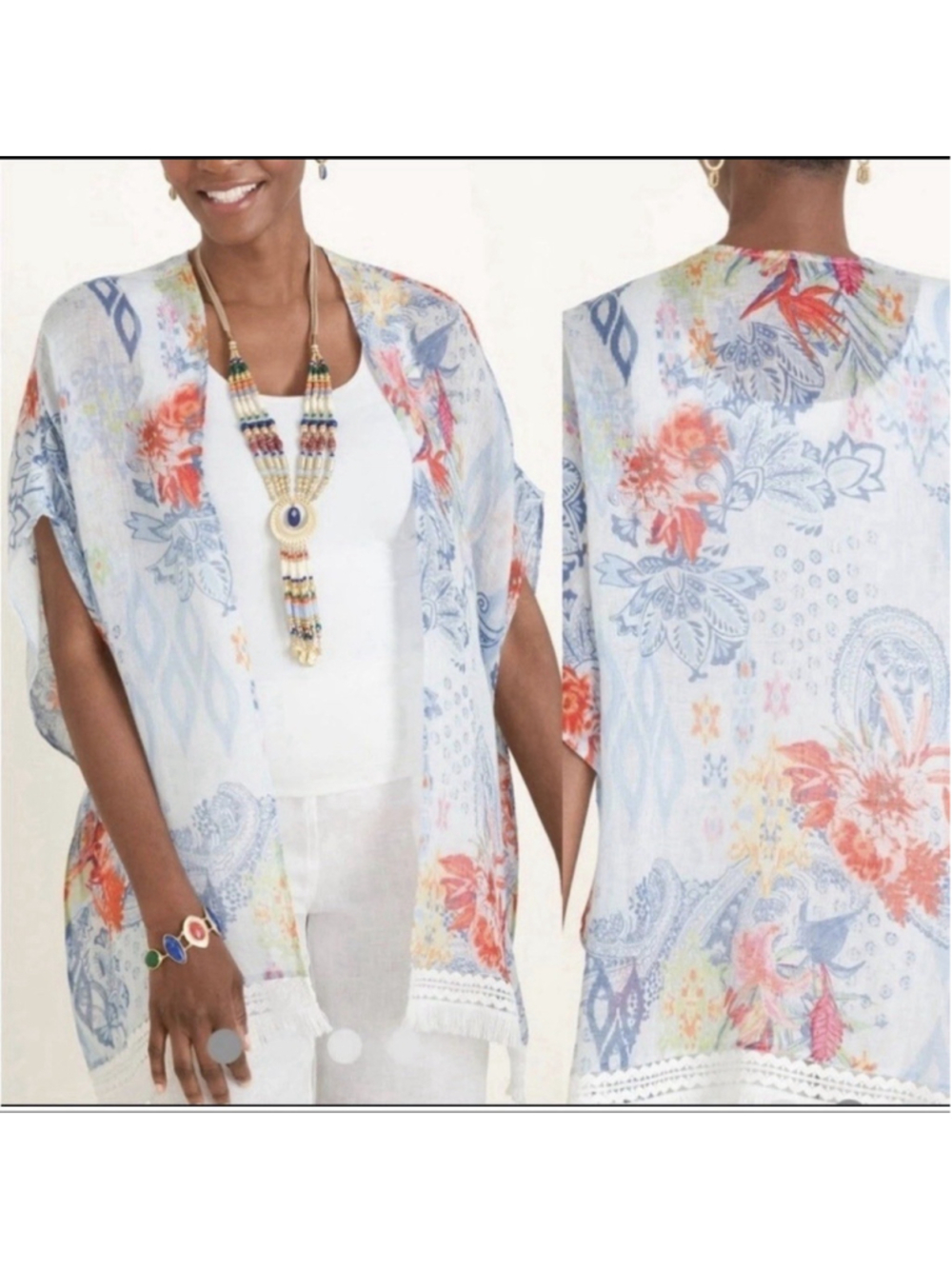 Chico's Ikat Floral Ruana Wrap 100% Linen Kimono Beach Cruise Size S/M